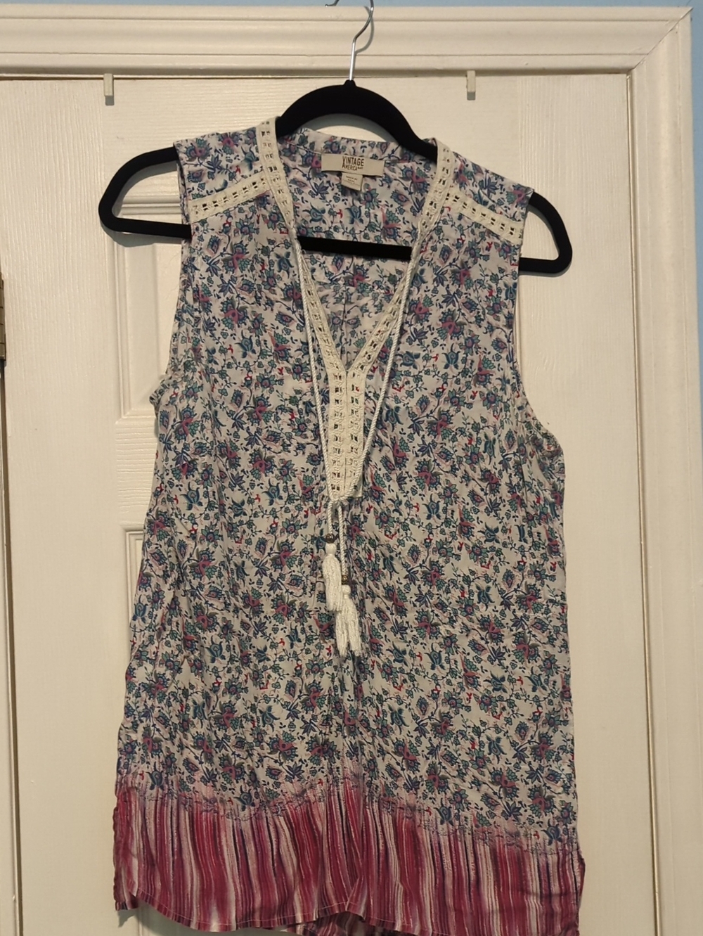 Vintage America Floral Tassel Sleeveless Tunic - Blue & Pink